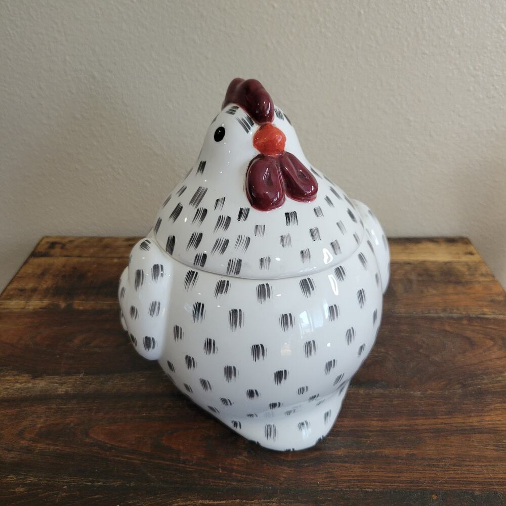 Farmhouse Ceramic Chicken Lidded Bowl Brushstroke Pattern